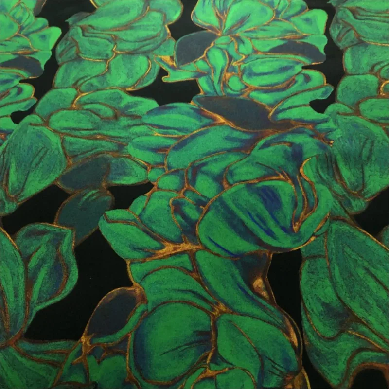 21 M Silk Satin Elastic Fabric Inkjet Printing Black Background Green Leaf Wide