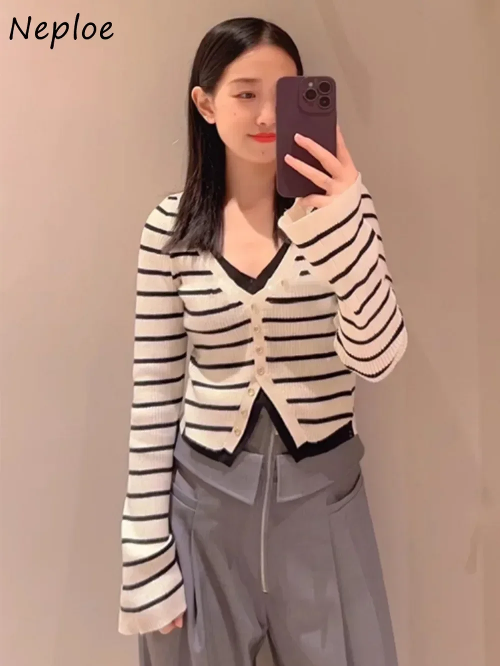 Neploe New V Neck Flare Sleeve Fake Two Pieces Jumper Sling Vent Single Breasted Stripe Cardigan Japan All-match Elegant Tops