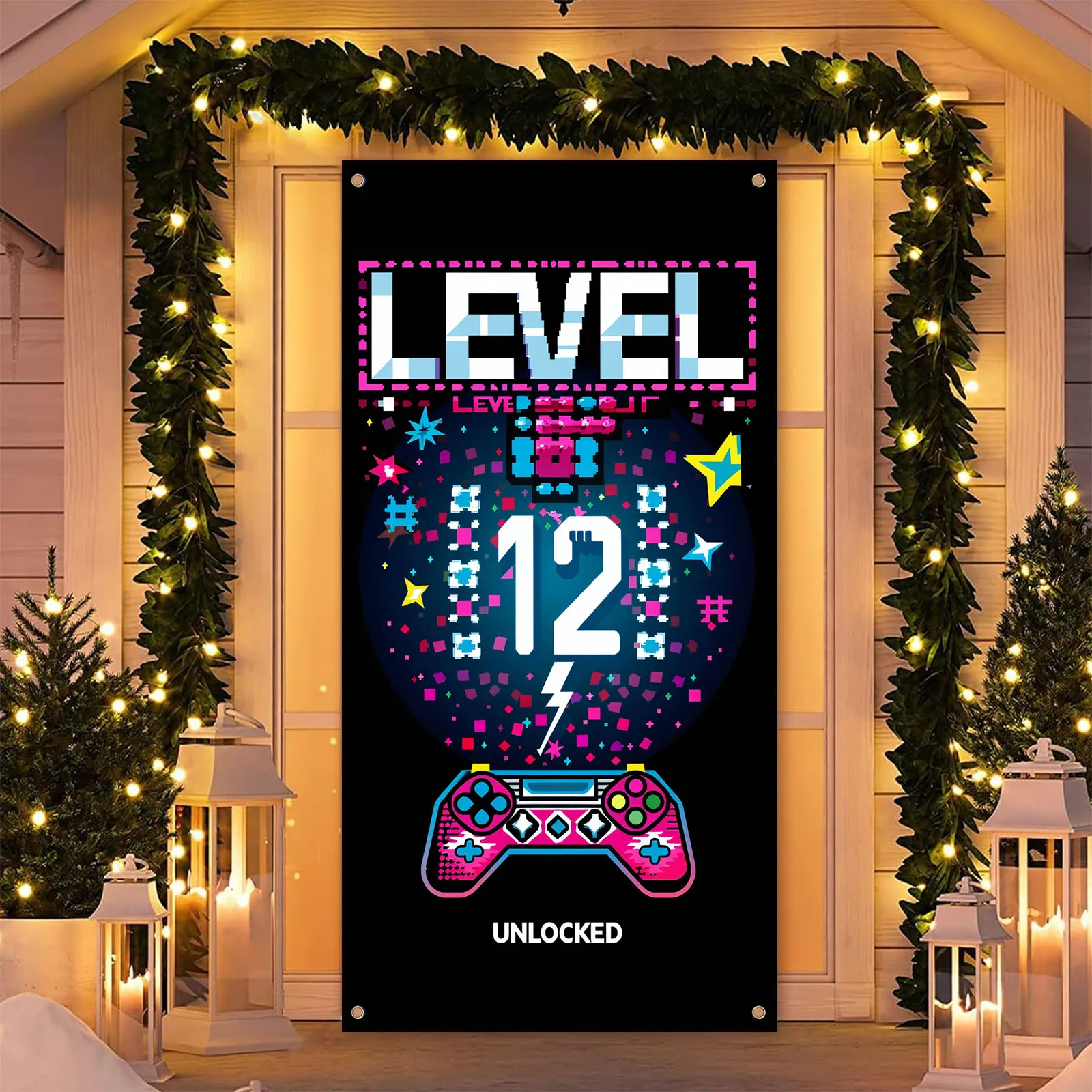 70×35 inch Level 12 Unlocked Birthday Banner 12th Birthday Decorations for Boys 12th Video Game Birthday Decor