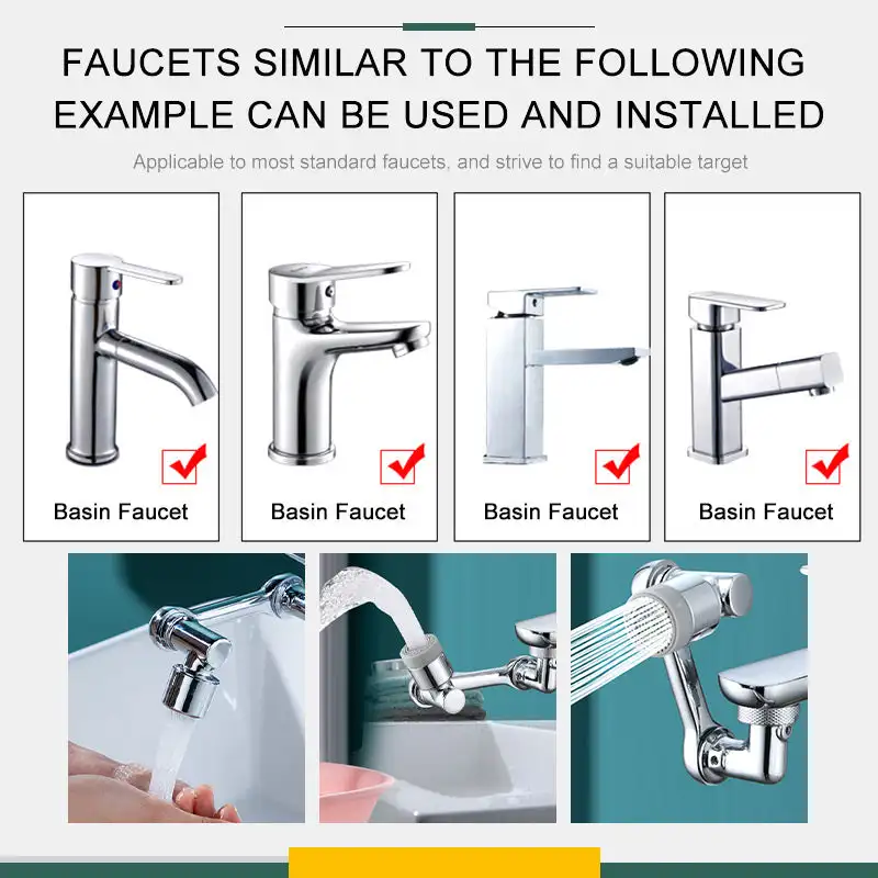 Filtre d'éclaboussure rotatif grand Angle 1080 °, robinet de salle de bains, lavabo, mousseur, adaptateur d'extension de robinet de cuisine