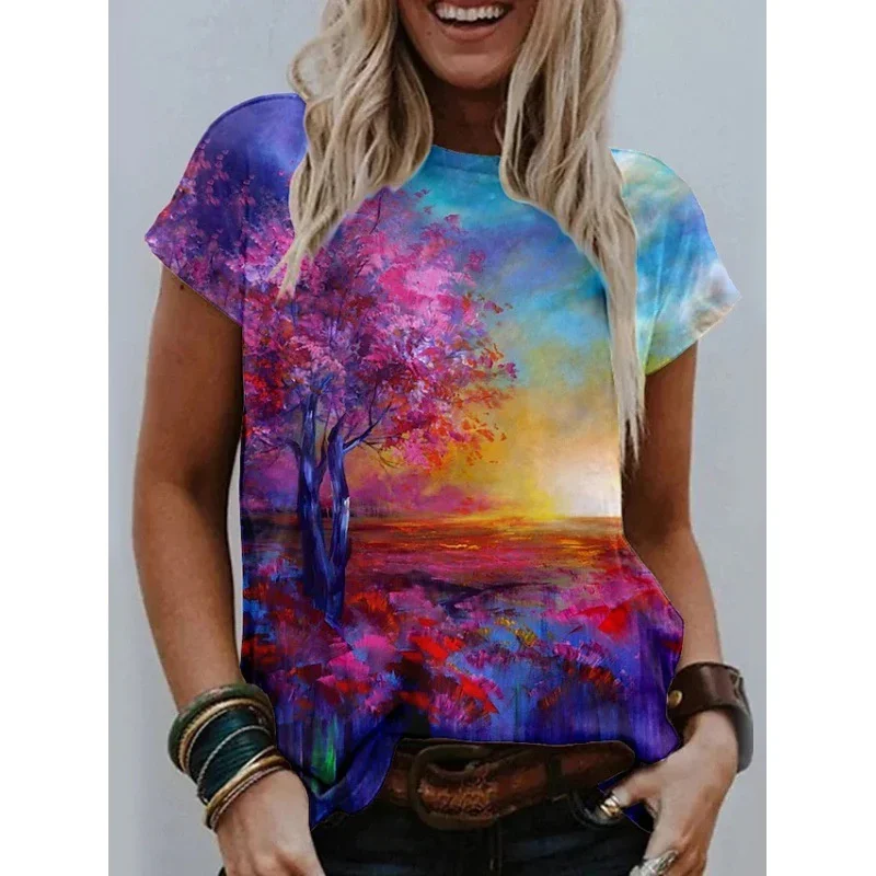 T-shirt con motivo floreale girasole per donna T-shirt con stampa 3D animale gatto T-shirt oversize moda maniche corte girocollo top
