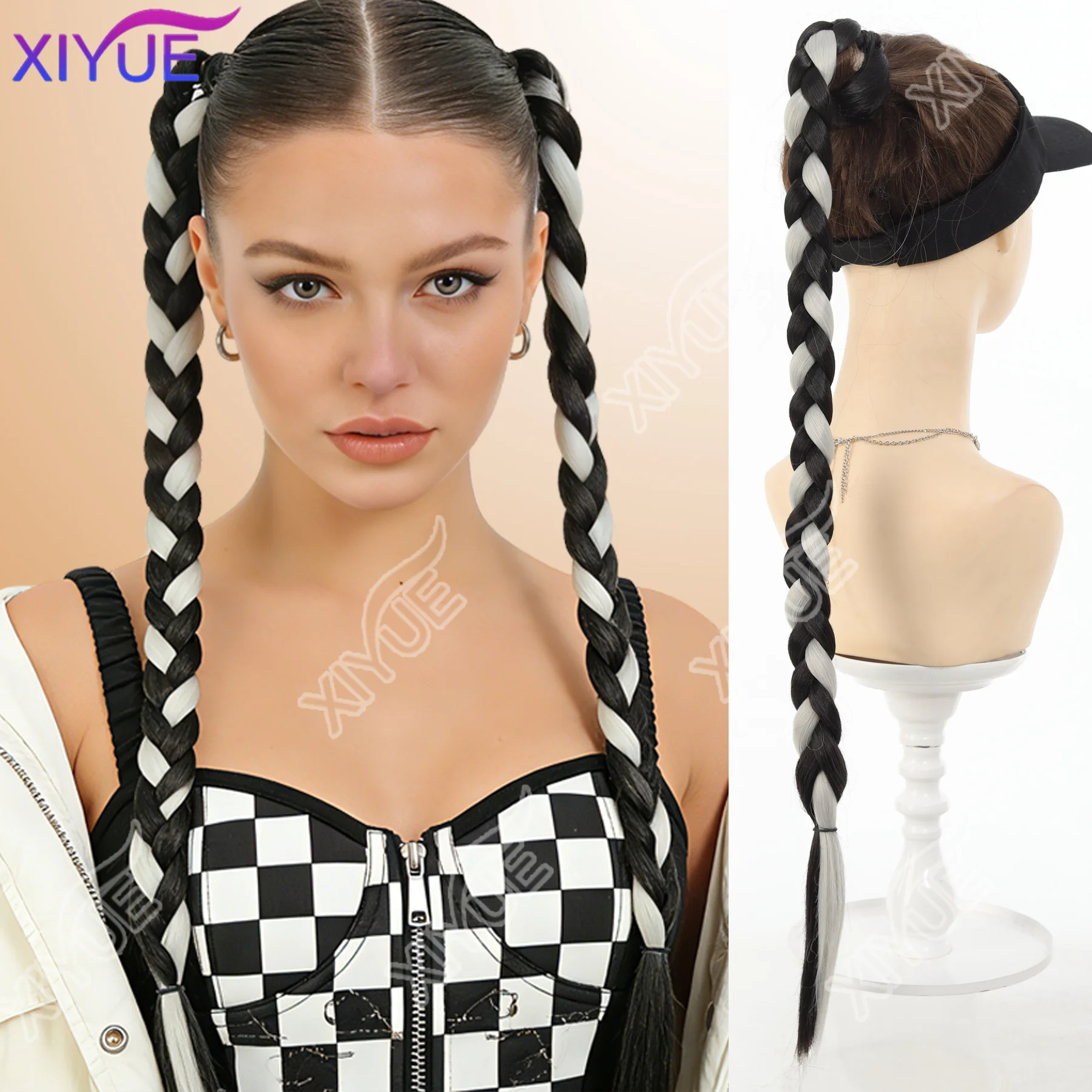XIYUE PONYTAIL EXTENSIONS SYNTHETIC BOXING BRAIDS PONYTAIL WITH RUBBER BAND BLACK/SILVER-WHITE PONYTAIL FOR WOMEN