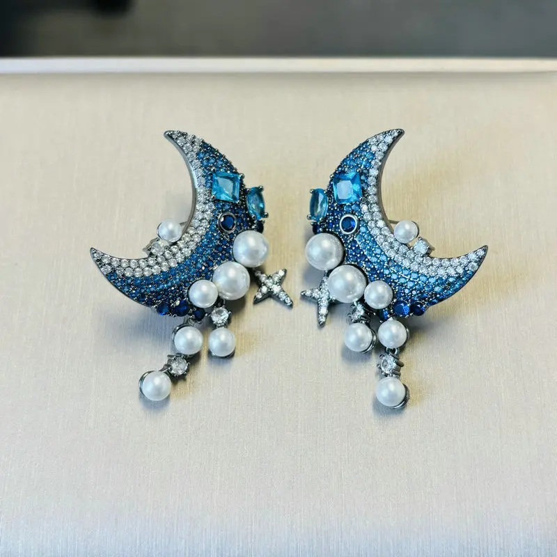 Bilincolor Royal Blue Cubic Zirconia and White Pearl Moon Earring for Women