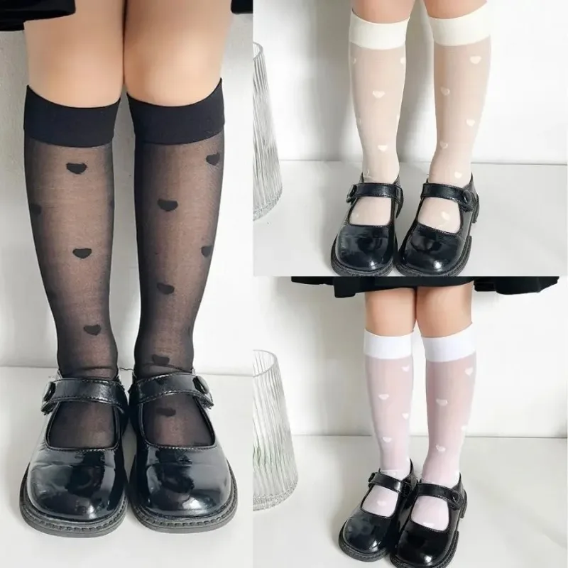 1 Pair Sweet Kids Girl Calf Sock Fashion Bowknot Heart Style Knee High Sock for Toddler Summer Thin Soft Elastic Sock One Size