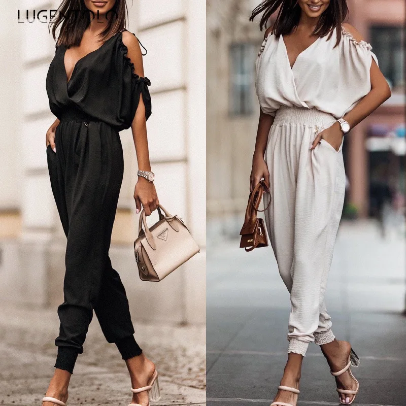 

Lugentolo Women Sexy V-neck Jumpsuits Suspenders Lace-up Casual Feamle Strapless Summer Simple Street Pocket Long Pencil Pants