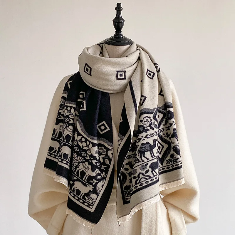 Scarf Women Vintage Shawl Camel Sheep Floral Geometric Border Tassel Double Sided Imitation Cashmere Autumn Winter Jacquard Wrap