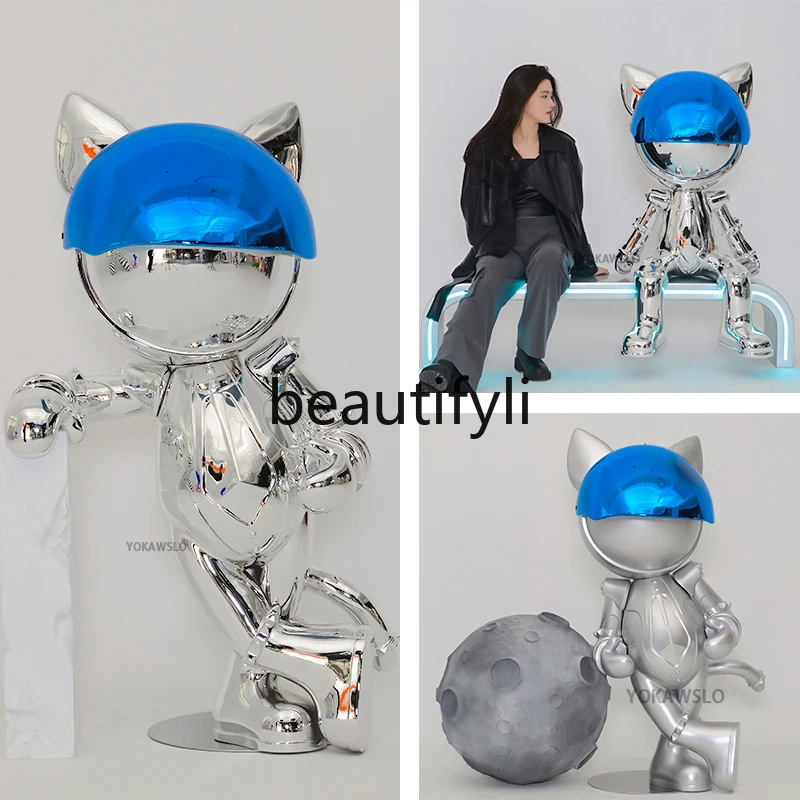 Electroplated cartoon sitting space cat large ornament floor sculpture bar KTV doll decoration