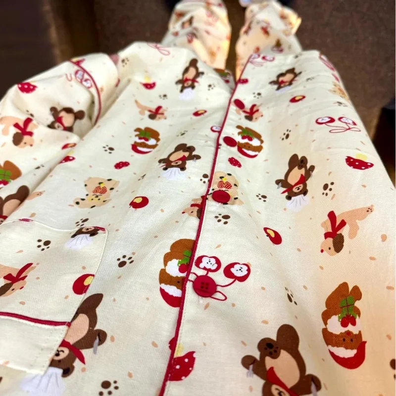 

New Autumn Winter Christmas Series Chef Bear Cardigan Pajamas Long Sleeves Pants Pure Cotton Polished Loungewear Cozy XXL Size