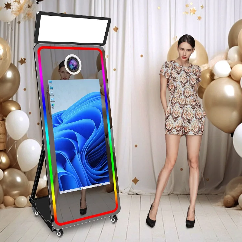 Mirror Photo Booth with Touch Screen Camera and Printer Portable Selfie Magic Mirror Photobooth Machine