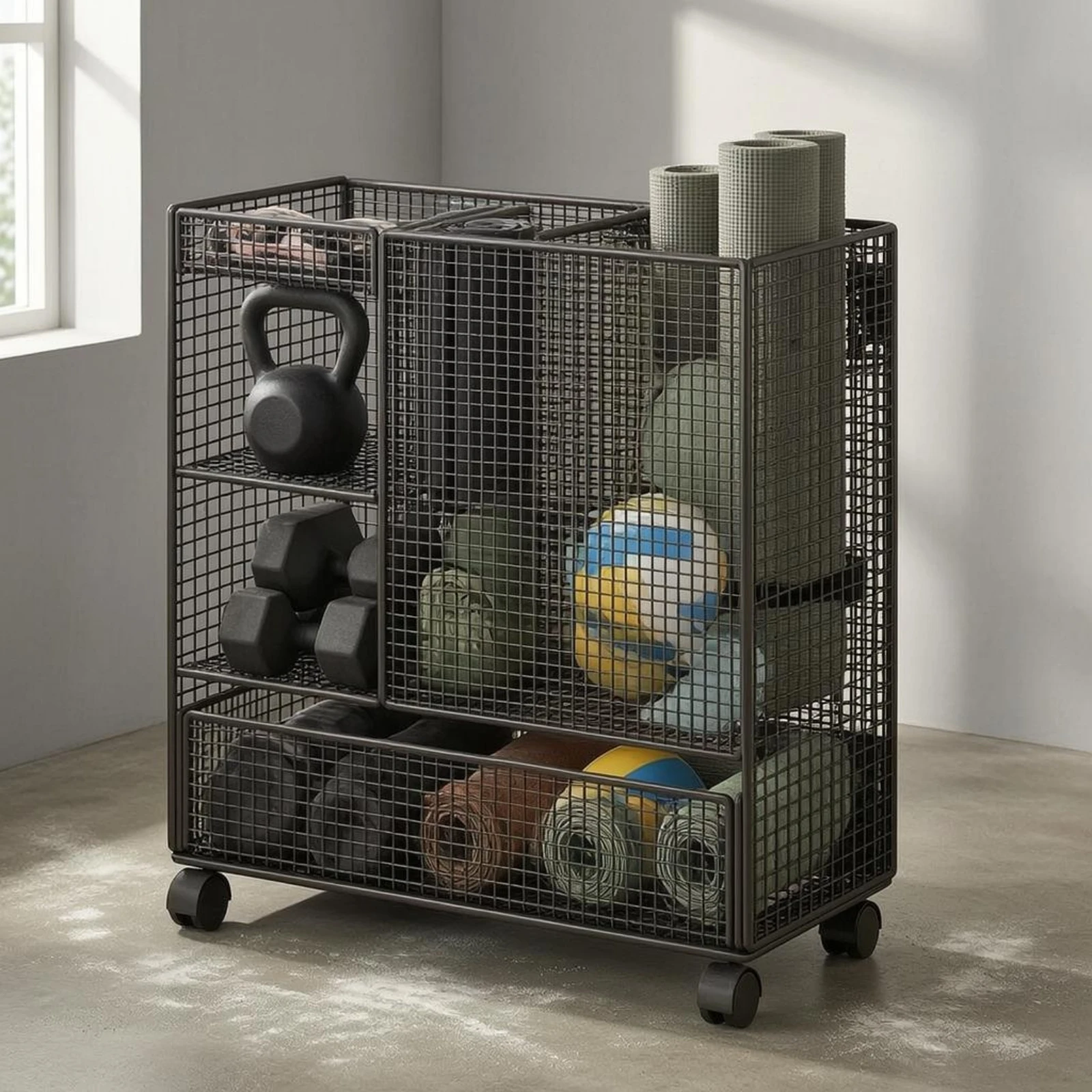 

Rolling Mesh Rack Wire-Grid Gym Storage Rack Exercise Mat Holder Painted Finish Workout Equipment Organizer Freestanding