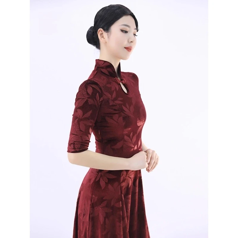 New Vintage Cheongsam Collar Modern Dance Skirt 2104 National Standard Dance Costume Dress Practice Dress