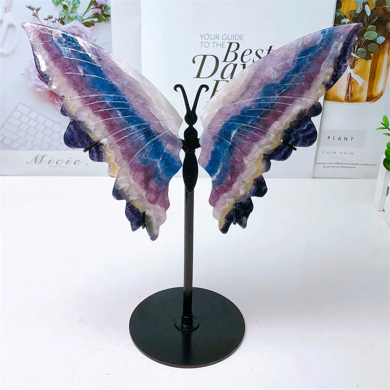 Imagem -03 - Arco-íris Fluorita Borboleta Asas Escultura de Cristal Pedras Preciosas Artesanato para Menina Presente de Aniversário Decorações Presente Par Natural