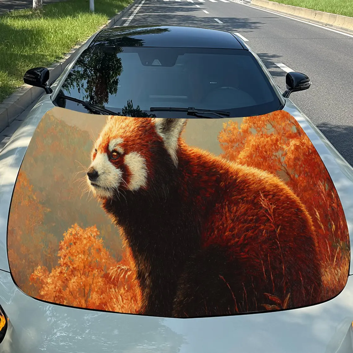 

Autumn Red Panda Car Vinyl Wrap, PVC Waterproof Car Hood Sticker, Self-Adhesive Scratch-Resistant Stickers for Engine Cover, Car