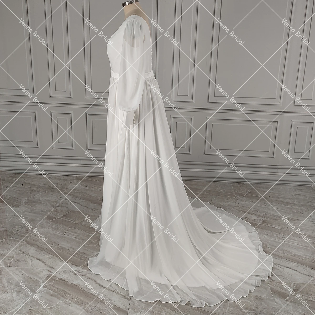 Robe de mariée en mousseline de soie à encolure dégagée, ligne A, manches longues, jupe doublée fluide, fermeture à glissière corset, patients minimalistes simples, quoi que ce soit