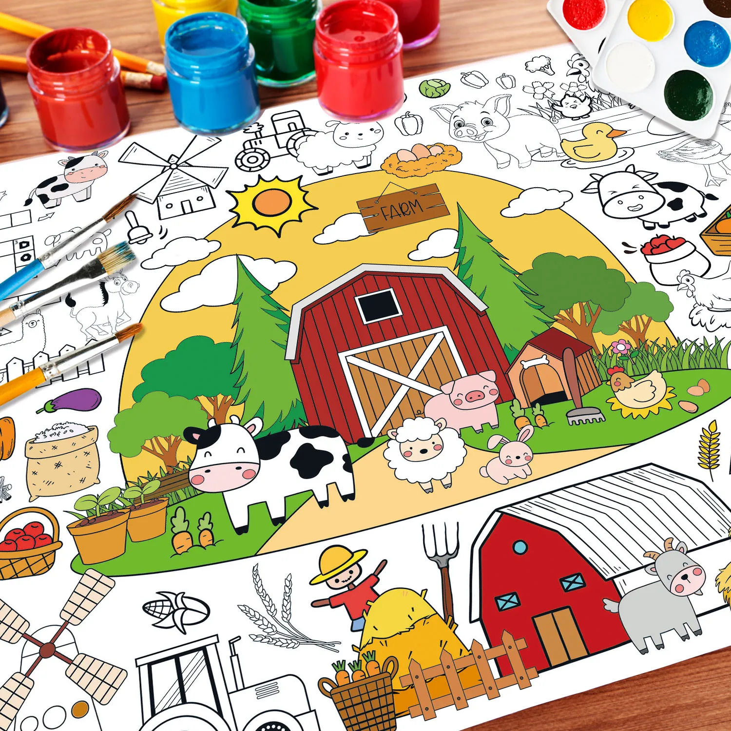 Farm themed children\'s coloring book, coloring poster, boys and girls large coloring tablecloth, harvest season party supplies