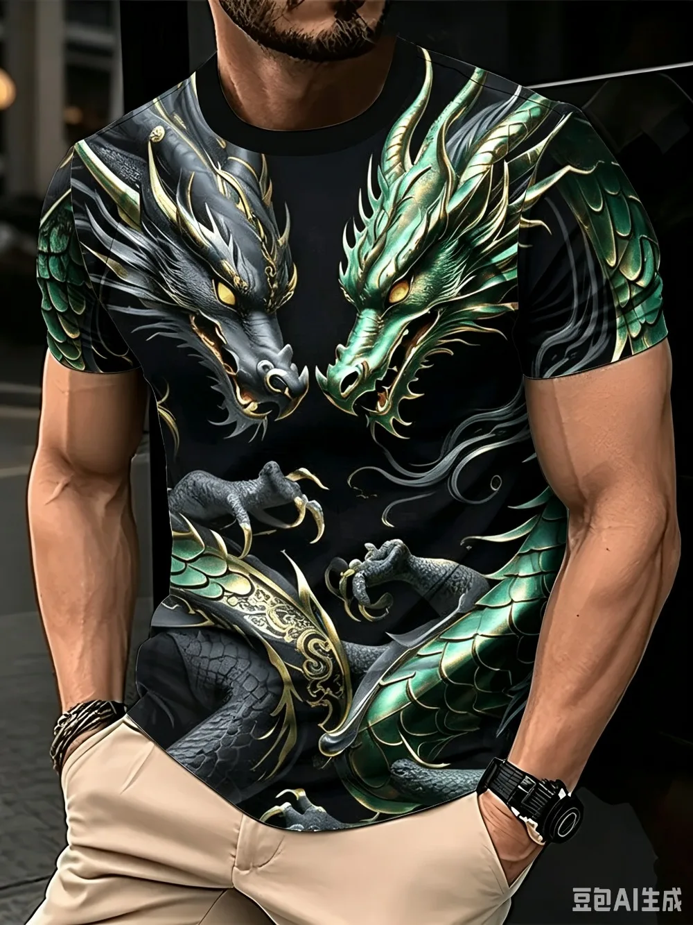 Sommer Neu Leistungsstarkes Schwarzgold Doppeldrachen Herren T-Shirt 3D-Druck Hip-Hop Lässig Atmungsaktiv Schnelltrocknend Outdoor Sport Mode Oberteil – Detail 4