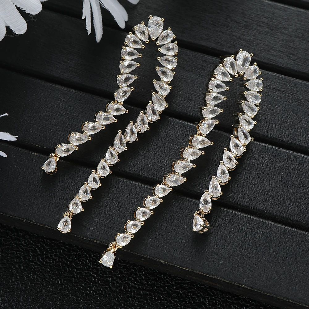 

Trendy Luxury Long Leaf Tassel Dangle Earring for Women Wedding Full Micro CZ Cubic Zircon Bohemia Hot Drop Earring E1211