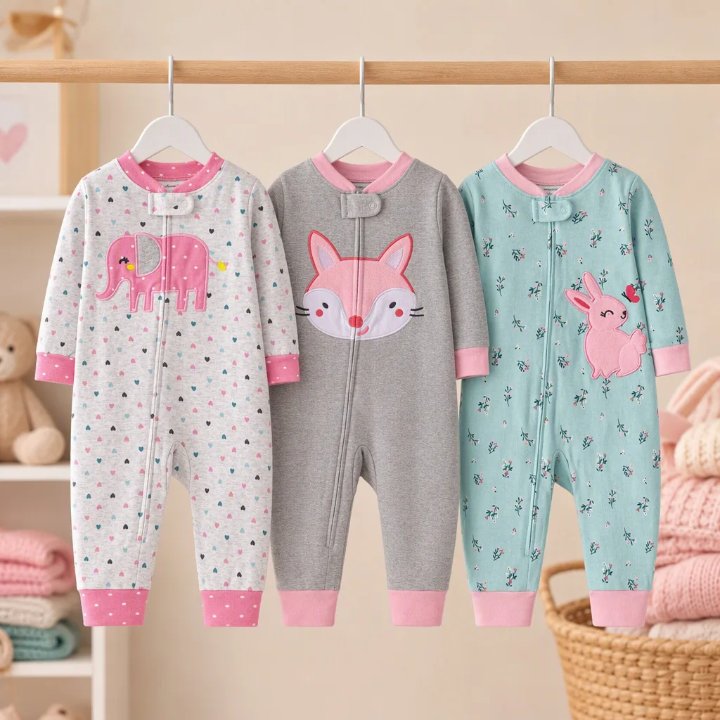 Doppelseitiger Baumwoll-Reißverschluss-Strampler für Kleinkinder, Mädchen, niedliche Cartoon-Fuchs-, Kaninchen- und Elefanten-Stickerei, weicher Ganzjahres-Baby-Overall, 6-24 Monate