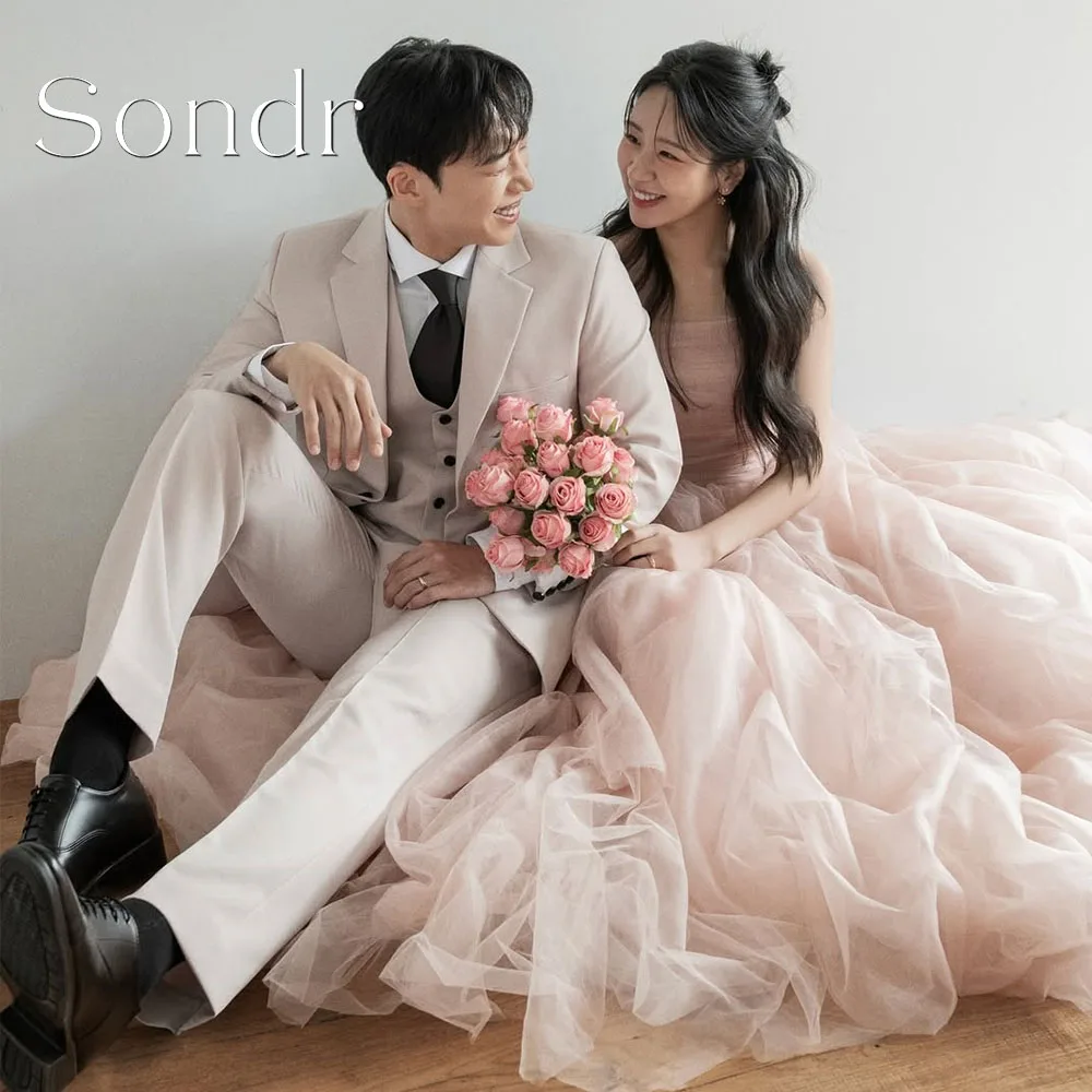 Sondr Customized Elegant Baby Pink Tulle Wedding Dresses Korean Evening Dress Photo Shoot Strapless Prom Gowns Floor-Length Gown
