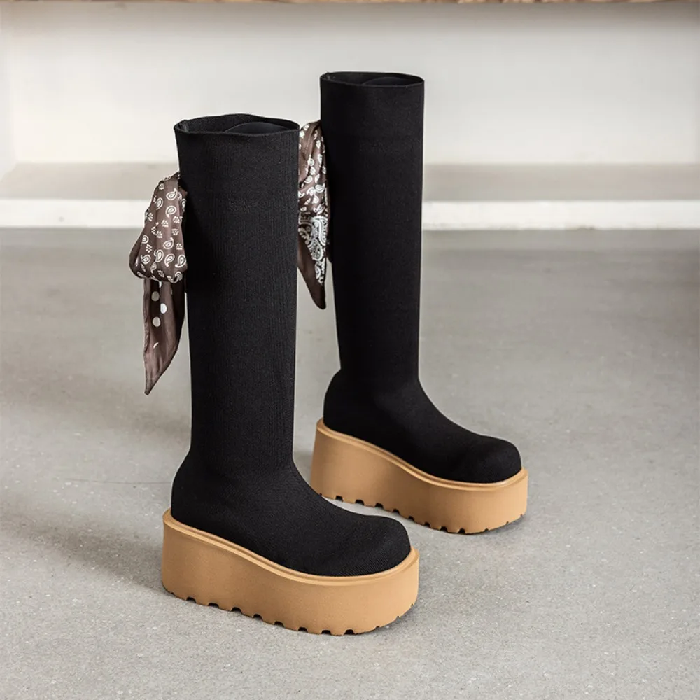 

Женские высокие сапоги на платформе 8 см, сапоги-носки, женские новые вязаные эластичные сапоги с бантом, весна-осень 2026, женская обувь