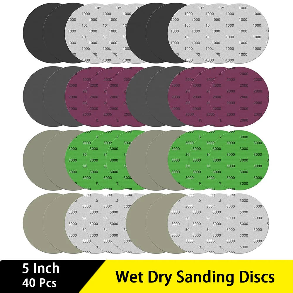 

5 Inch Wet Dry Sanding Discs 40 Pcs Hook & Loop Orbital Sandpaper Assorted 1000/2000/3000/5000 Grit for Polishing Auto Wood