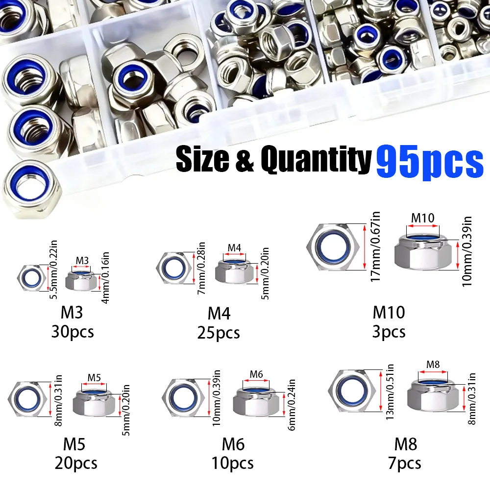 95-Piece Stainless Steel Nylon Lock Nut Set, Sizes M3, M4, M5, M6, M8, M10, Effectively Preventing Loosening Under Vibration.