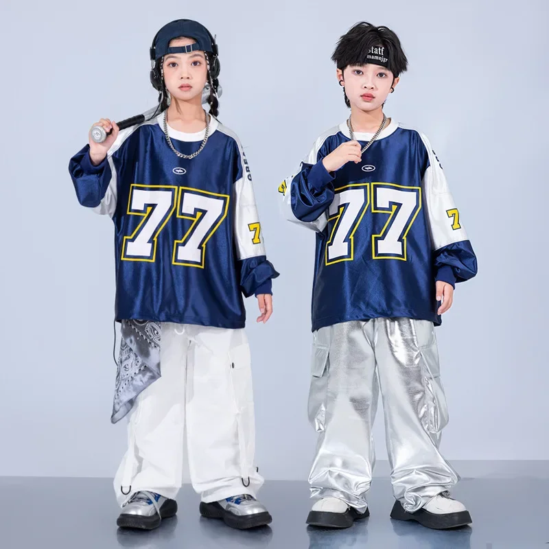 أطقم ملابس جاز للأطفال من Streetwear أزياء مسرح الأطفال للأولاد سترة هيب هوب فضية للرقص في الشوارع سراويل البضائع اللامعة للفتيات K-pop