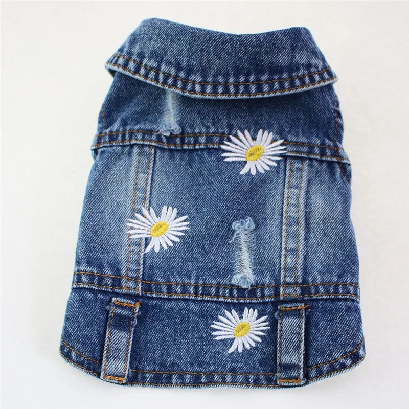 Daisy Embroidery Luxury Dog Clothes for Small Medium Dogs Vintage Washed Dog Jeans Jacket Pet Sleeveless Vest Denim Coat Outfits