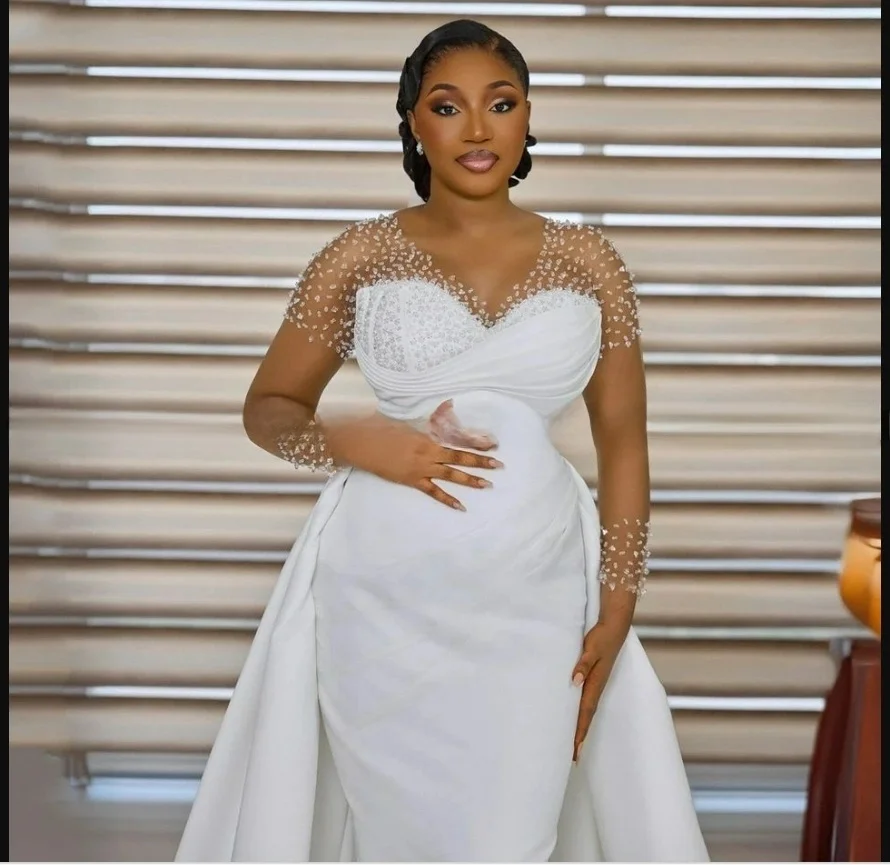 Customized Sheer Neck Shinny Beads Sequins Mermaid Wedding Dress with Removable Skirt  Robe De Mariée   Long Sleeves Bridal Gown
