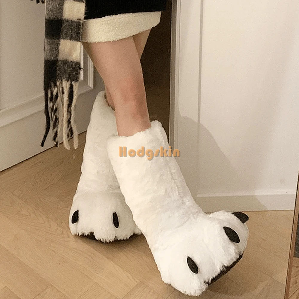 Plush Bear Paw Knee-high Boots Cute Solid Furry Slip-on Indoor Warm Slippers Floor Faux Fur 2024 Women New Winter Cotton Shoes