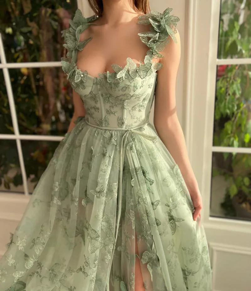 Vestido de noche de hadas con corte en A para mujer, de encaje 3D traje verde, escote Corazón, tirantes finos, corte en A, corte alto, 2023