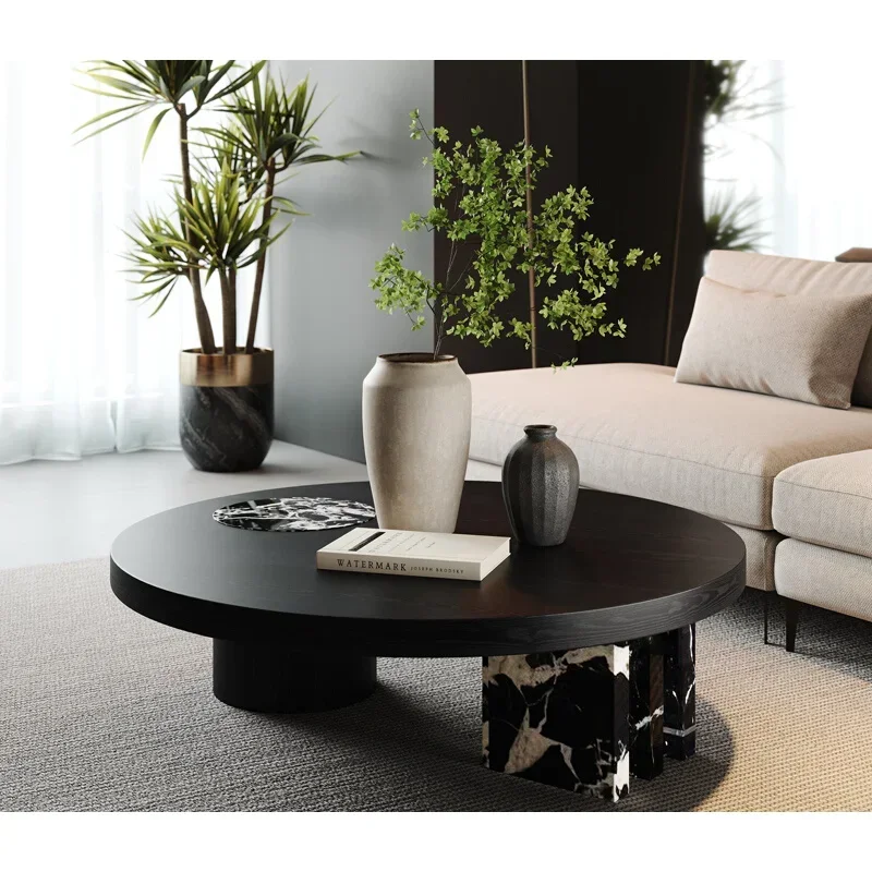 Round solid wood retro natural marble coffee table living room small apartment