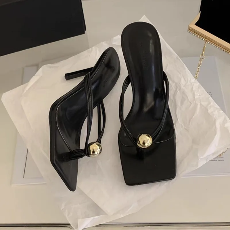 

High Heels Flip Flops Women Shoes Pearl Square Toe Sandals Trend Summer Slippers 2025 New Elegant Ladies Party Pumps Sandalias