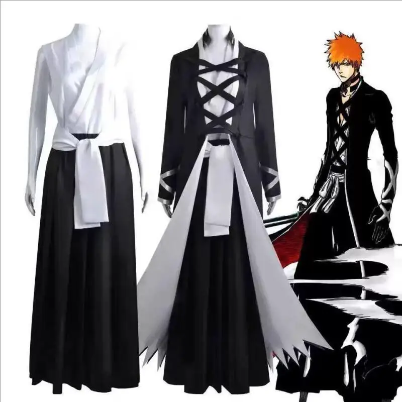 Japanischer Manga BLEACH Charakter Kurosaki Ichigo Cosplay Kostüm Komplettes Schwarz-Weiß-Outfit-Set für Männer Halloween Themenparty