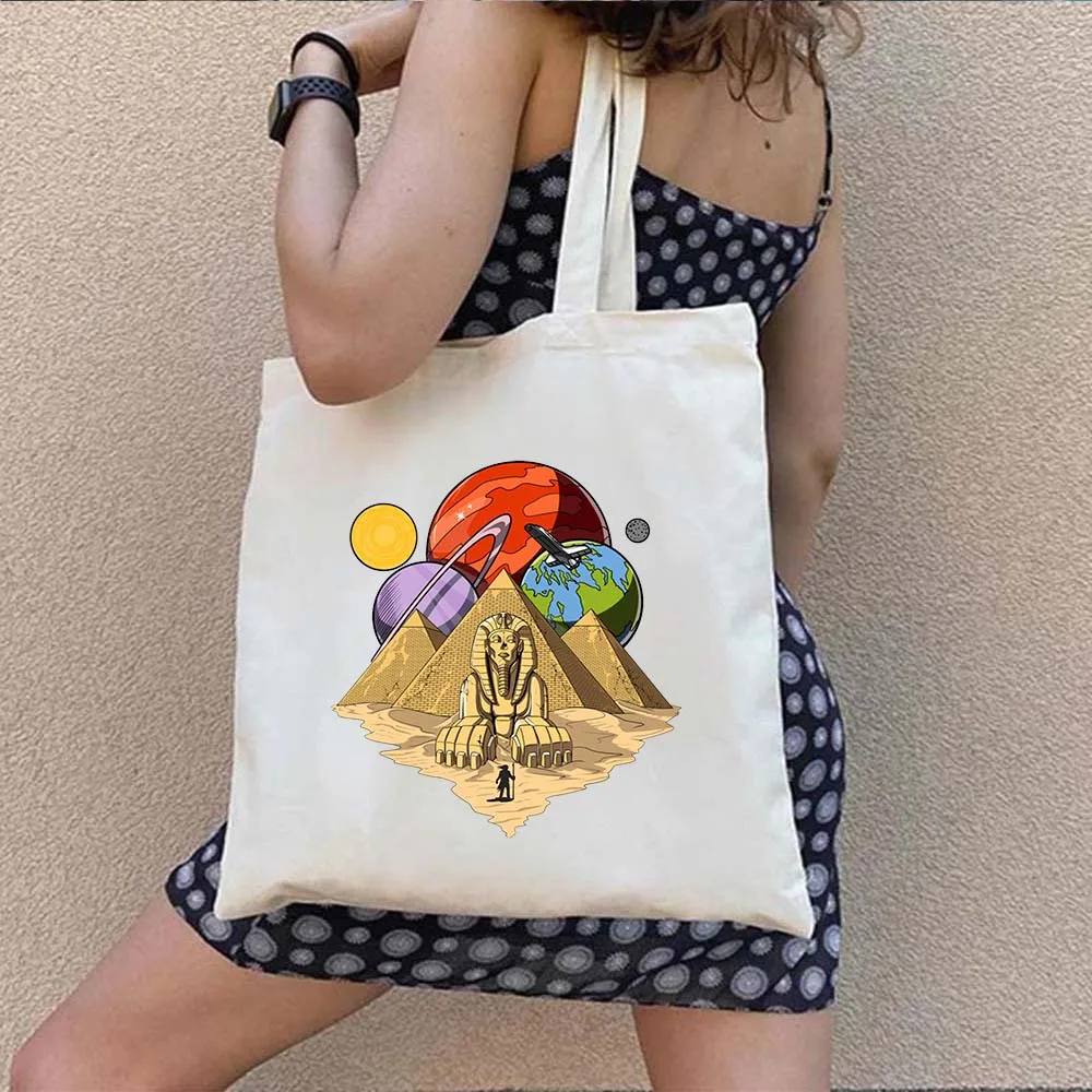 Ancient Egypt Landscape Totem Pharaoh Canvas Shopping Tote Bag Queen Atum Egyptian Pyramids Eye Of Horus Cotton Shopper Handbags