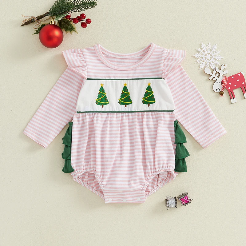 Christmas Newborn Baby Girls Casual Rompers Clothes Xmas Tree Embroidery Striped Loose Long Sleeve Jumpsuits Xmas Costume