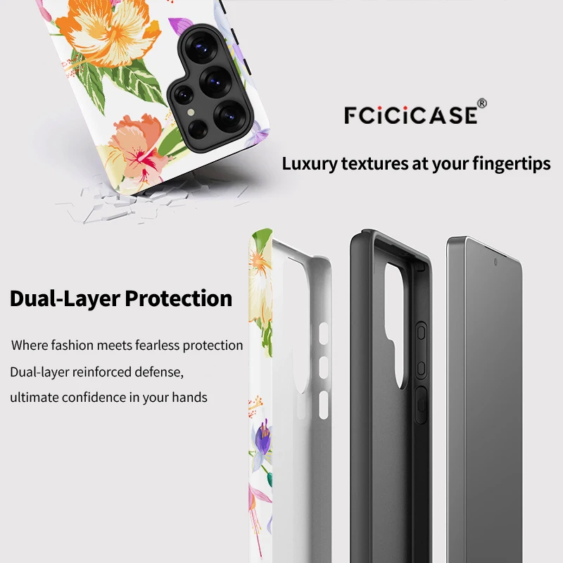 Fcicicase طبقة مزدوجة PC حافظة هاتف من البولي يوريثان لهاتف سامسونج جالاكسي A26 A56 A16 A36 S20 FE S24 Plus S25 Ultra S23 غطاء نمط زهرة