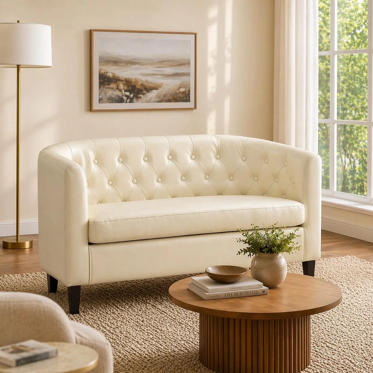 Button Tufted Faux Leather Barrel Loveseat, Living Room Seating, Cream, Customized