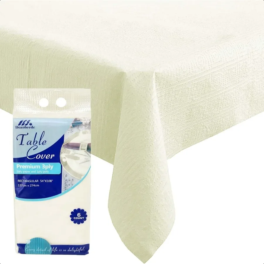 

[6 Pack] Cream White Paper Tablecloth for Rec Tables 54 X 108 Inch Party Table Cover with Plastic Backing Waterproof 3 Ply Tab