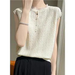 Fashion Elegant New Chinese Hollow Out Sleeveless Summer New Lace Tank Women's Solid Pearl Round Neck Screw Thread Thin Knit Top