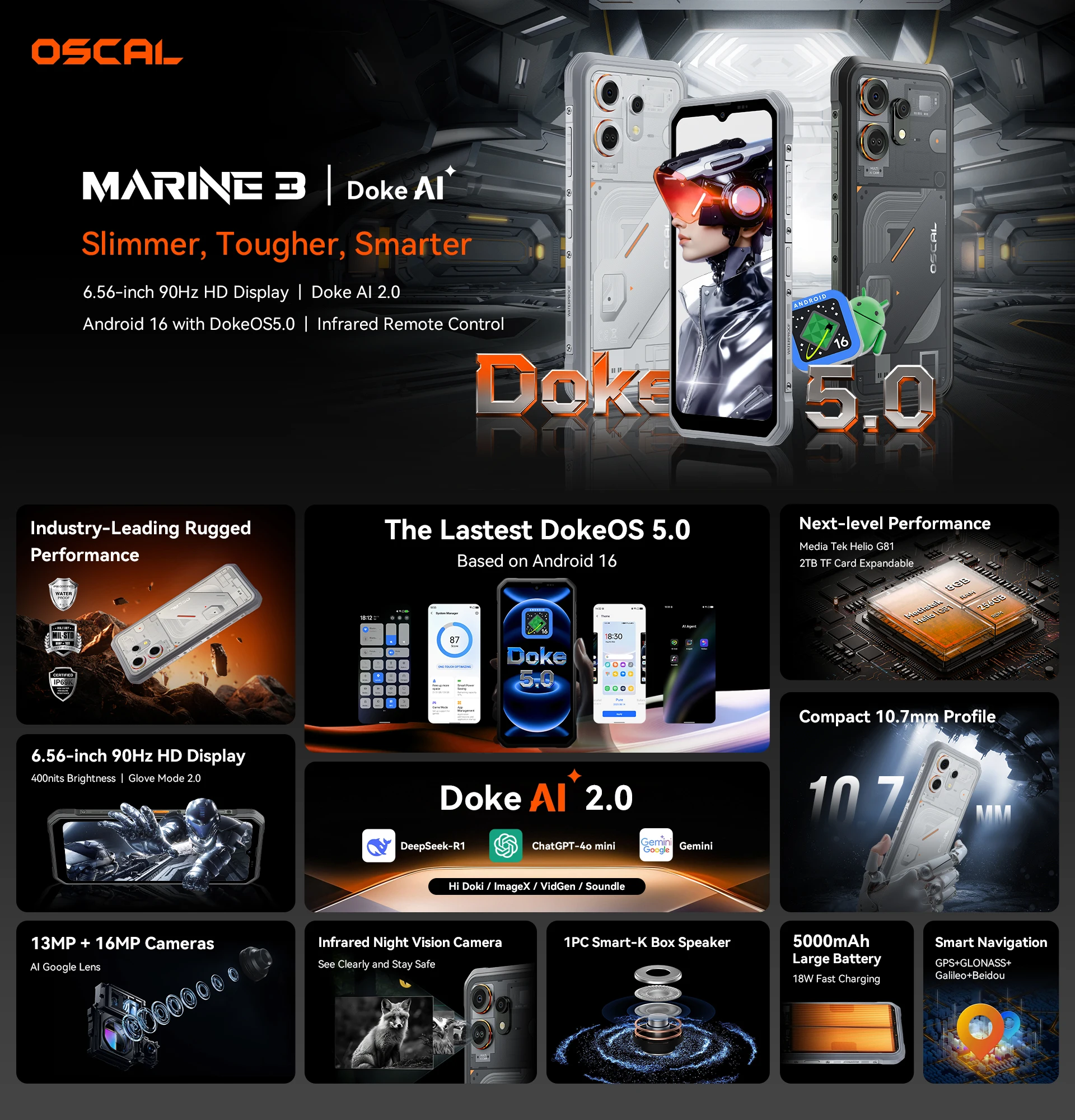 [Versand aus Polen] [Ohne EU-Ladegerät] Robustes Smartphone Blackview OSCAL MARINE 3, 24 GB (8+16) + 256 GB, 6.56" HD 90 Hz Display, 5000 mAh Akku, Android 16 – Detail 1
