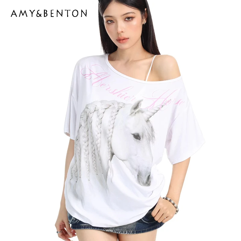 

Женская футболка с принтом «Год Лошади» в американском стиле, с открытыми плечами, коротким рукавом, свободного кроя, летняя коллекция 2026, топ для похудения, женская одежда