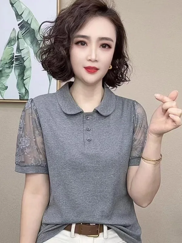 Summer Short Sleeve T-Shirt Women's Pure Color Collar Lace Midlife Mom's Fashion Slimming Top Korean Style Loose Fit