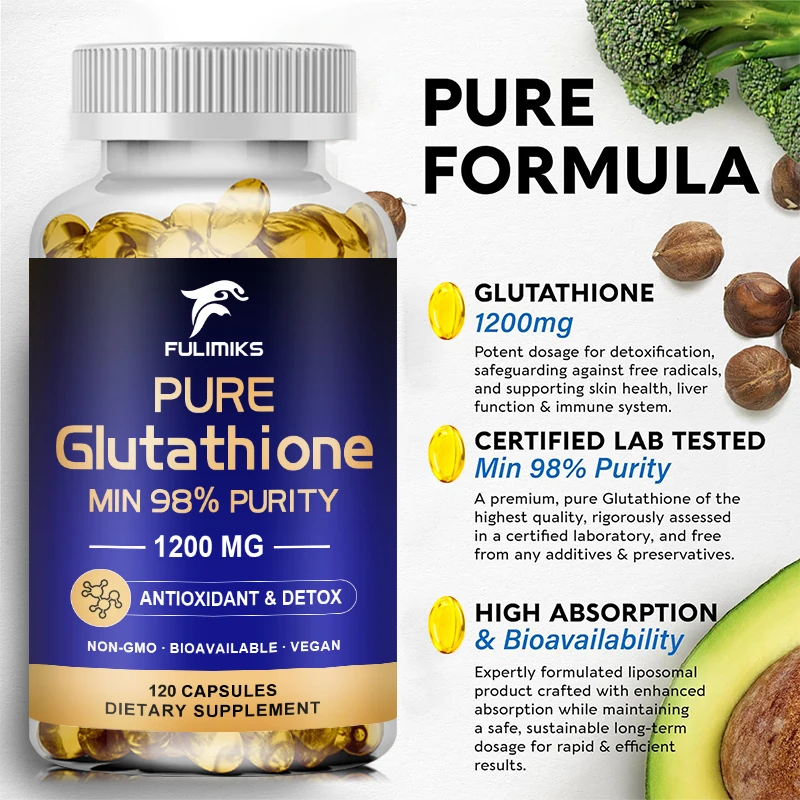 60/120 Capsules Glutathione Supplement - Natural Liver Detox & Antioxidant Support - Reduced Active Form for Max Absorption