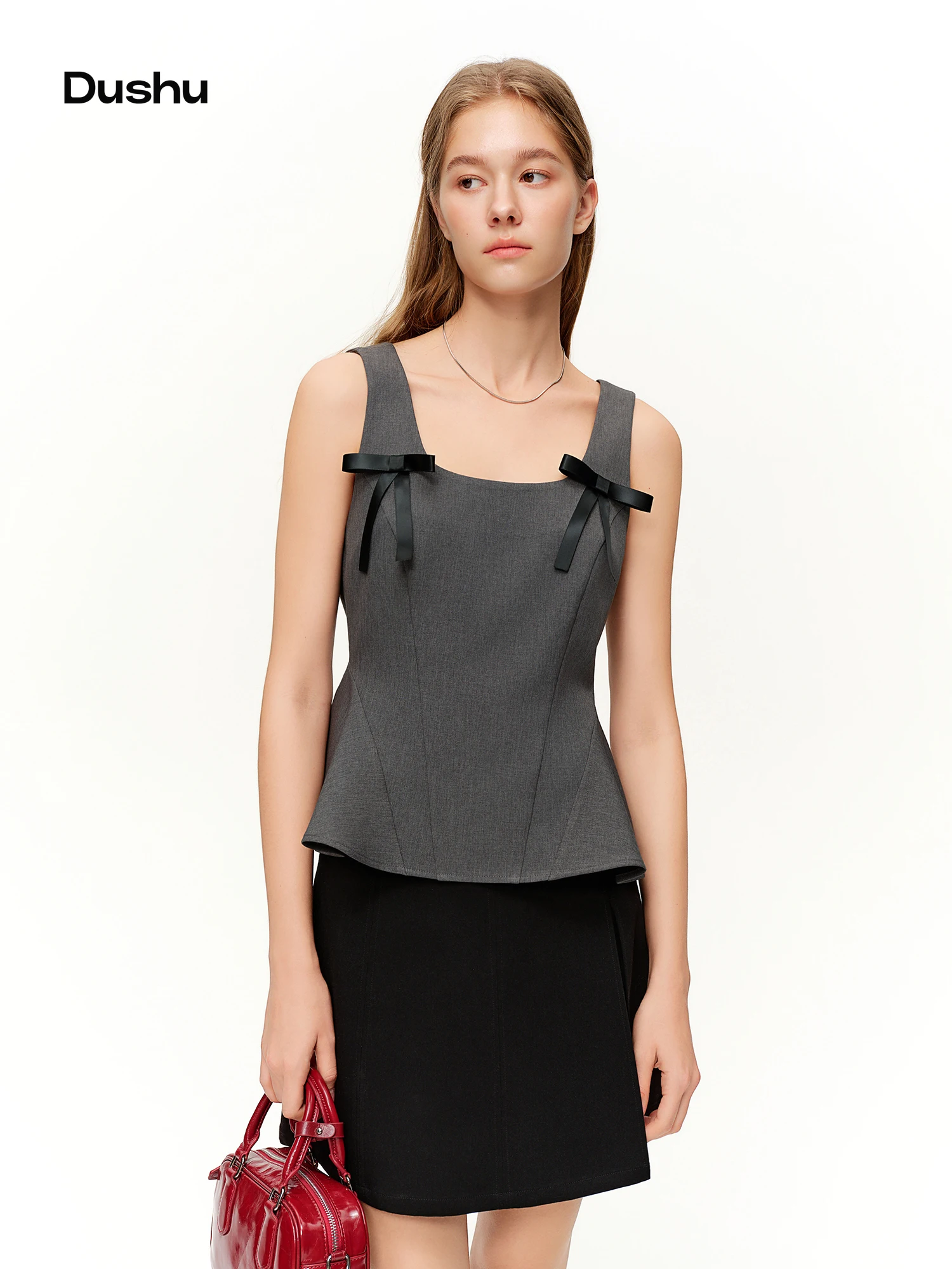DUSHU 2026 Spring Women's Bow Accent Slim Fit Camisole with Stretch Fabric - Versatile Sleeveless Top for Casual and Daily Wear​