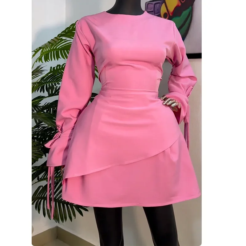 

Sweet Fresh Round Neck Long Sleeve High Waist Slimming Word Mini Dress Short Skirt Women's Fashion Spring New Arrival