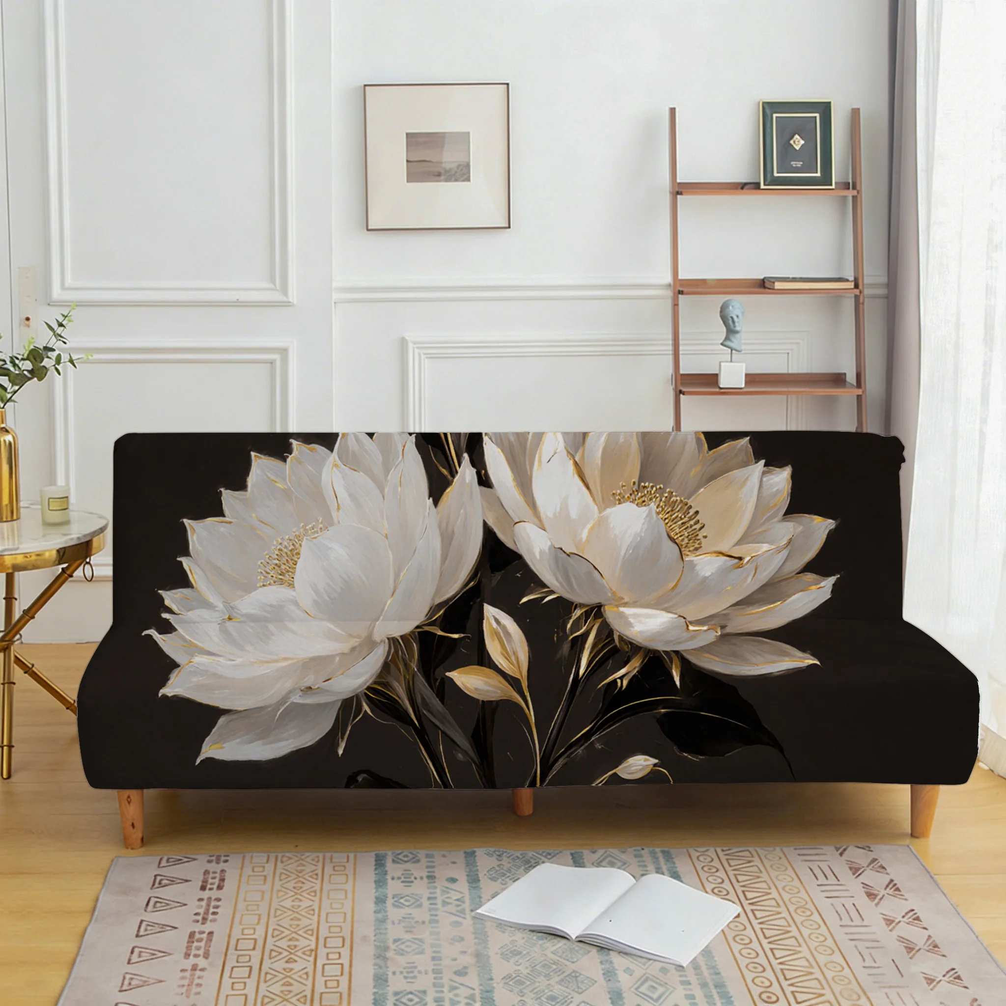 Black gold and white lotus print sofa bed cover, living room sofa bed cover, dustproof machine washable sofa bed cover