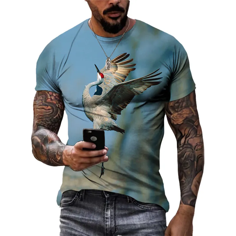 Summer New Creative 3D Printed Crane Graphic T Shirts Men Fashion Casual Street Style Tees Trend Personality O-neck Short Sleeve