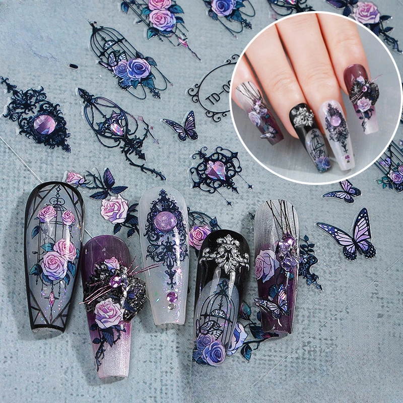 Dark Rose Gothic Style Soft Adhesive Decals 5d Embossed DIY Halloween Durable Mysterious Element Festive Nail  Art Stickers