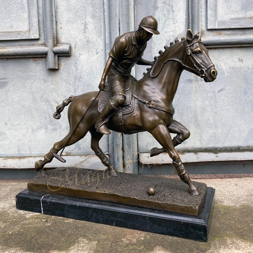 Real Bronze Polo Sport Statue Handicrafts Sculpture Marble Base for Home Office Decoration Large